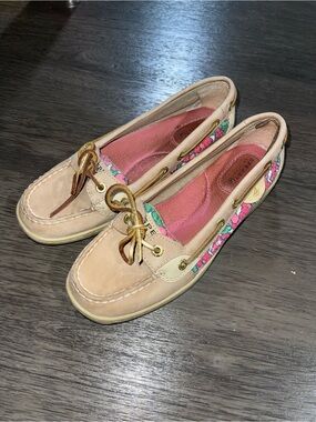 Sperry Women’s Sz 6 Tan Boat Shoes with Pink Floral Trim Business Casual